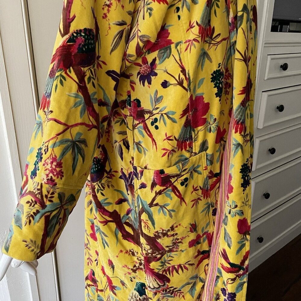 OFMD Yellow Bird Velvet Banyan Fabric Kimono Cotton Velvet Robe Long Jacket - Picture 3 of 14